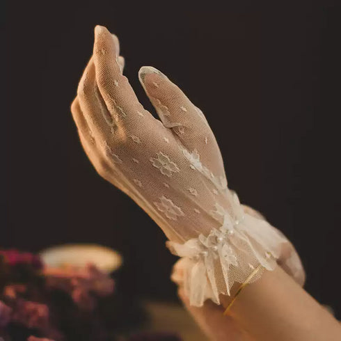 White Bridal Lace Gloves – Floral Ruffled Cuff Wedding Gloves